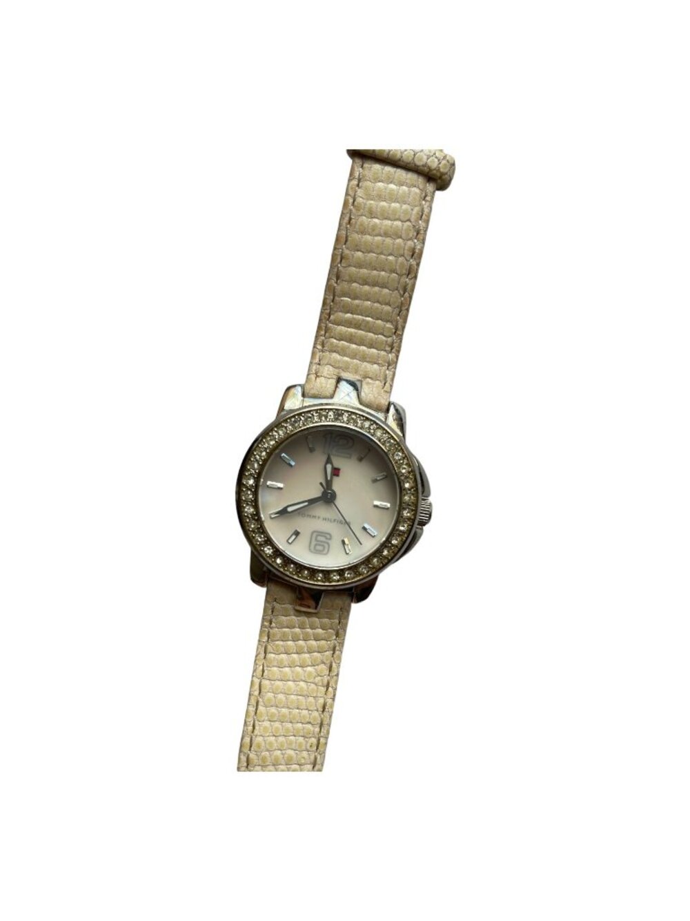 Tommy Hilfiger Quartz Watch Beige Genuine Leather Crystal Embellished Bezel